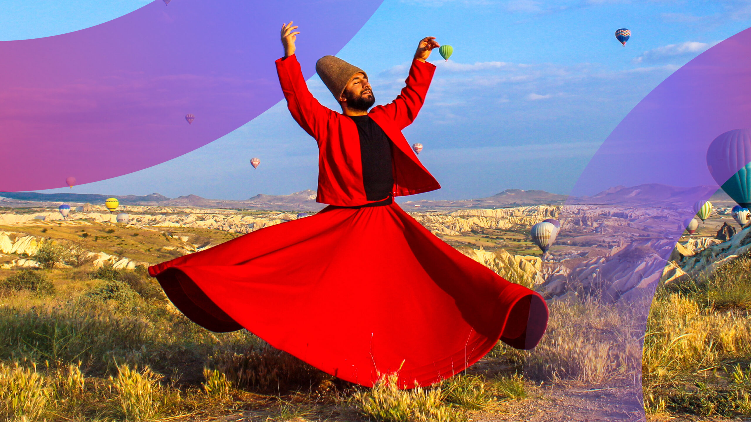 Muslim Sufi saint celebrating in red traditional clothes with a meadows and hot air balloons