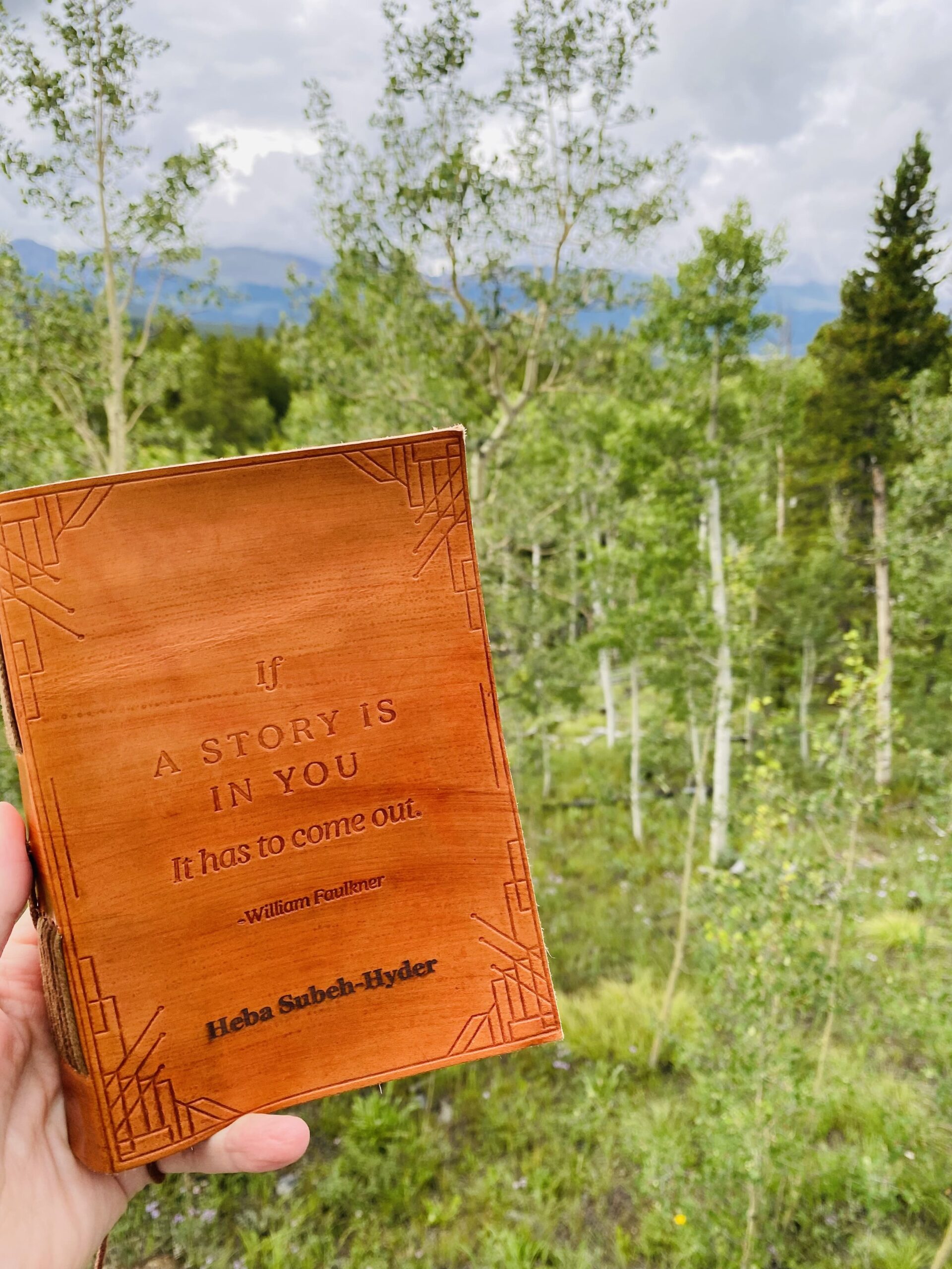 a brown book in the back drop of a green garden, 