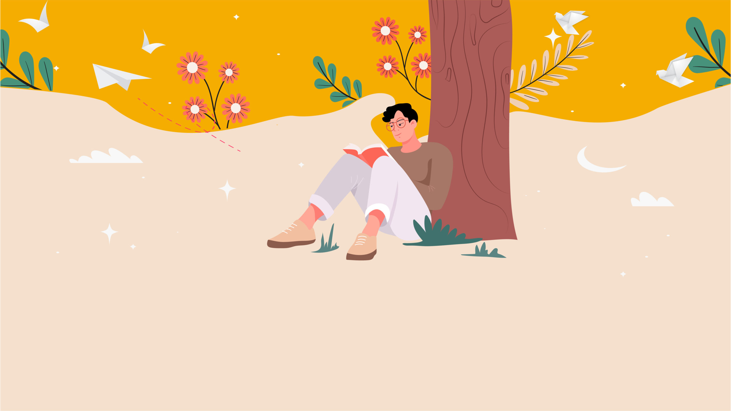 An illustration of a man sitting under a tree during self reflection