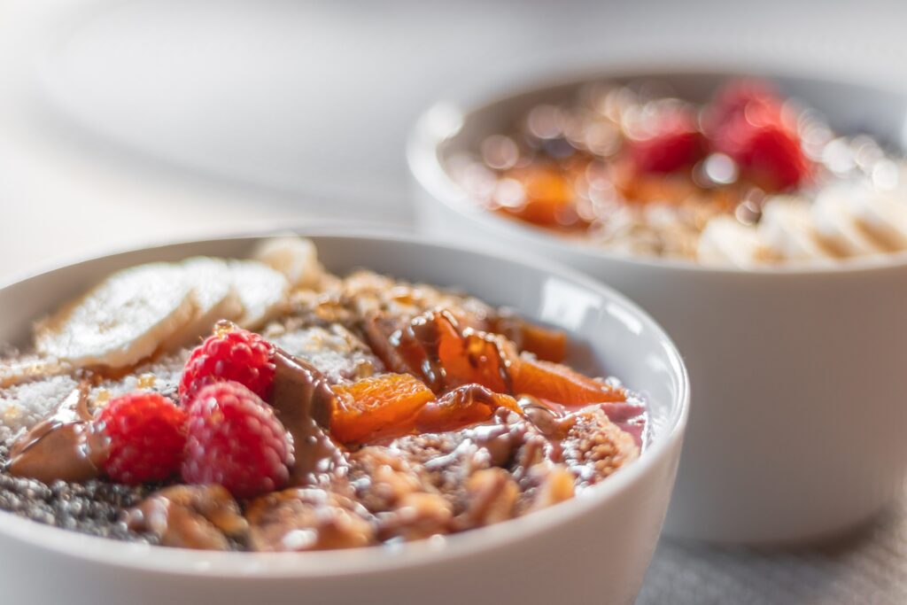 Healthy oatmeal bowl with colourful fruits