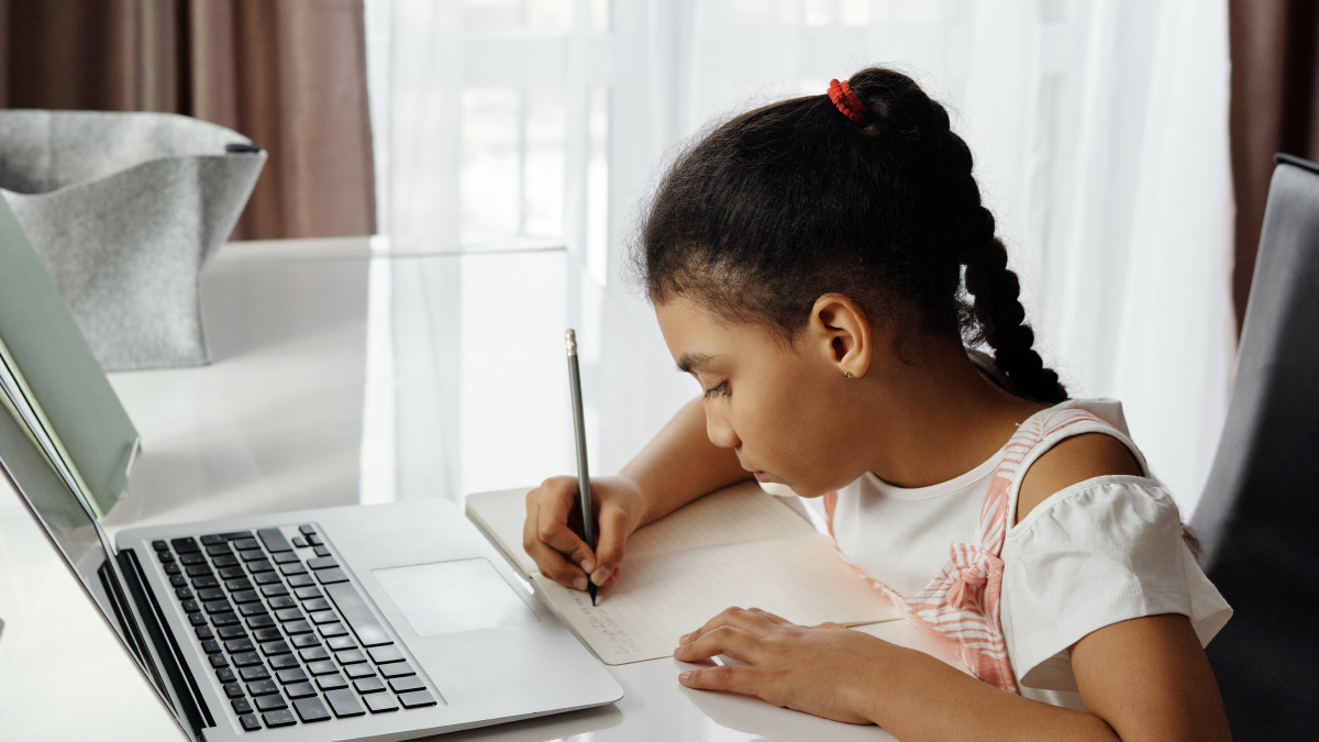 Female student learning from home.