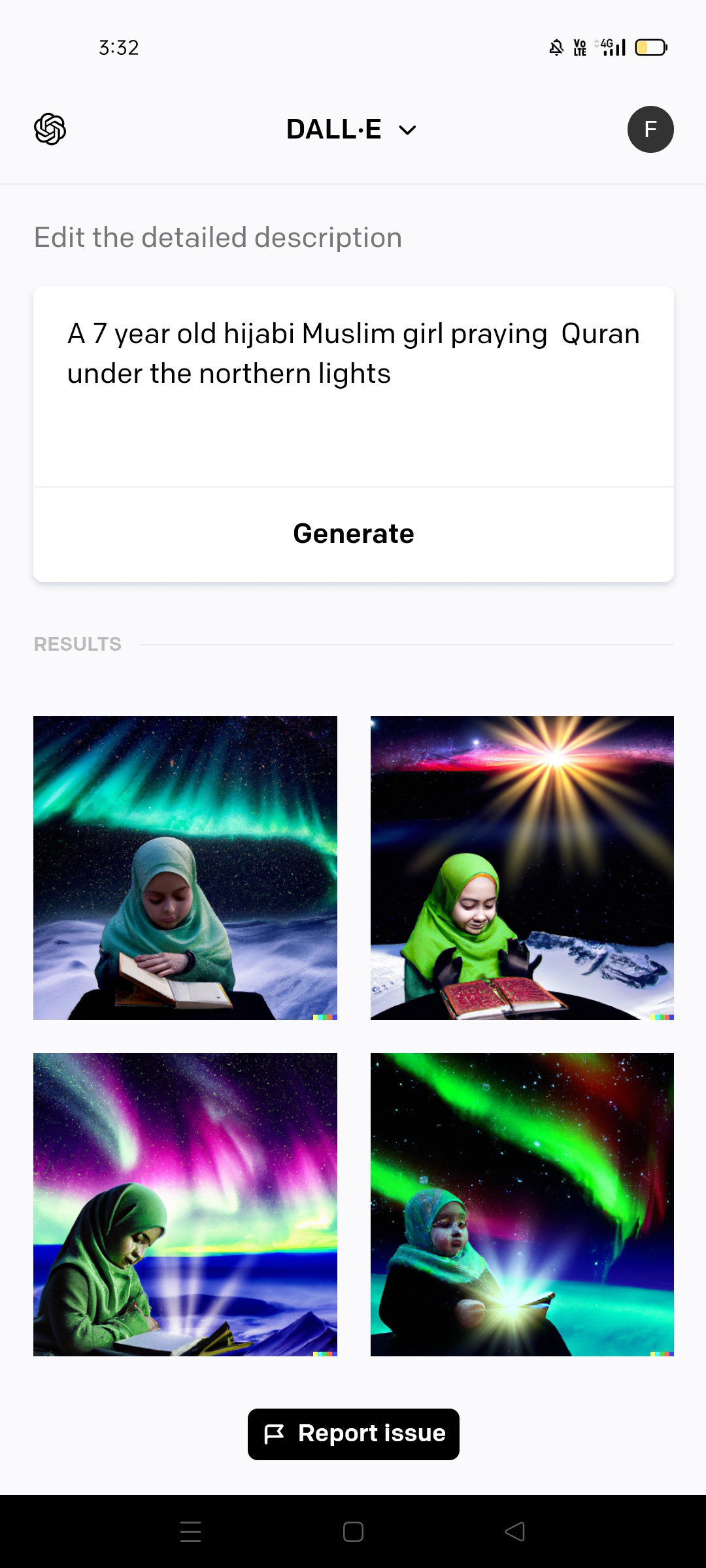AI art generation of a 7 year old Hijabi girl praying Quran under the northern lights