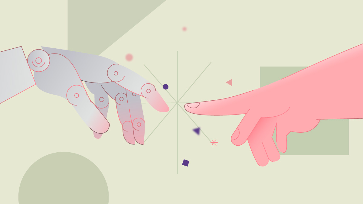 Artificial hand and human hand meet at a point