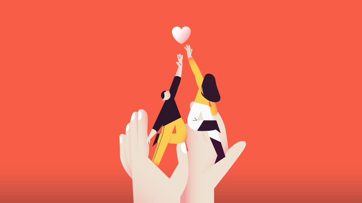 extending hand to help another, illustration on people reaching for a heart