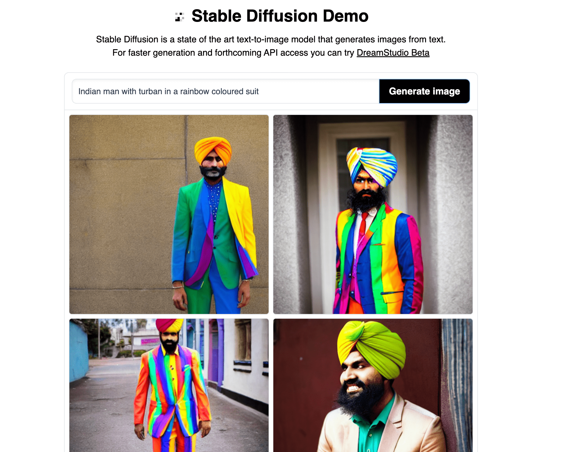 Indian Manin a turban with rainbow coloured suit, Stabile Diffusion AI