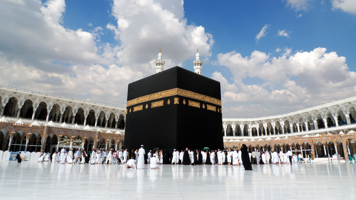 Muslims doing the tawaf around the holy Kaaba in Masjid Al-Haram