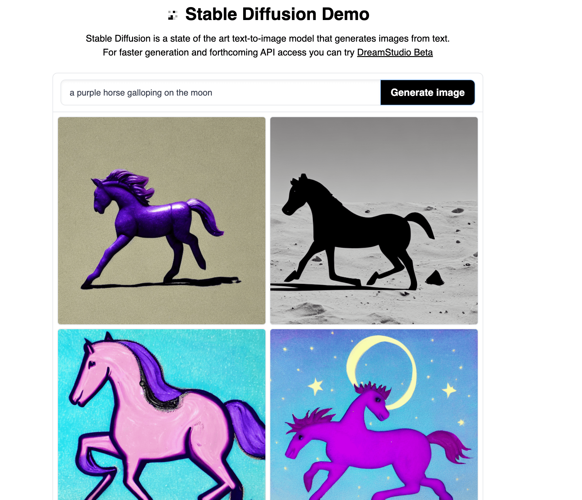 purple horse gallops over the moon, Stable Diffusion, AI