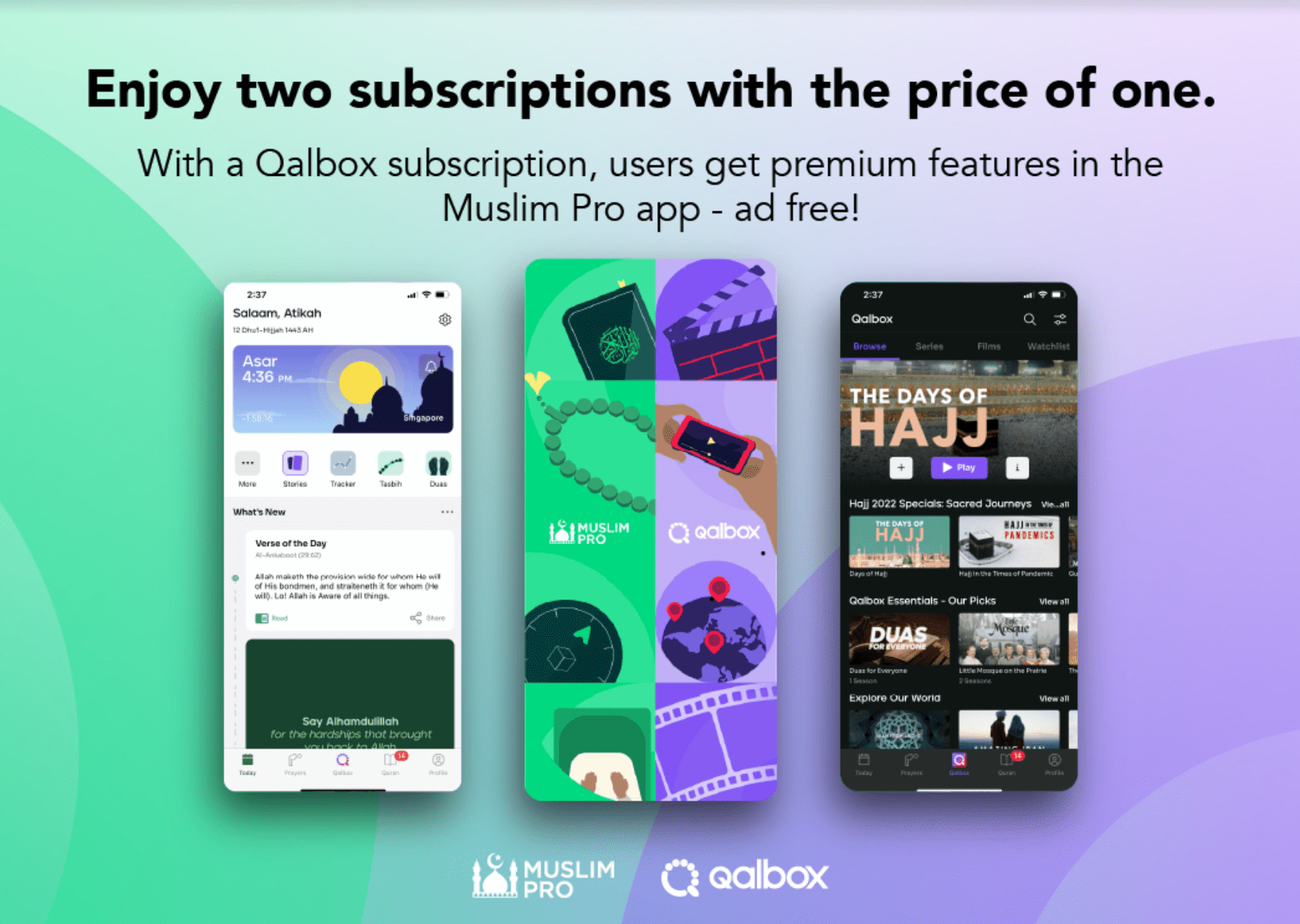 Marketing image of  to subscribe for a 7-day free trial of Qalbox  and access Muslim Pro app ad-free! 
