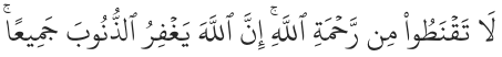 Do not ever give up hope in Allah. Allah will forgive all your sins. (Az-Zumar 39:53) 